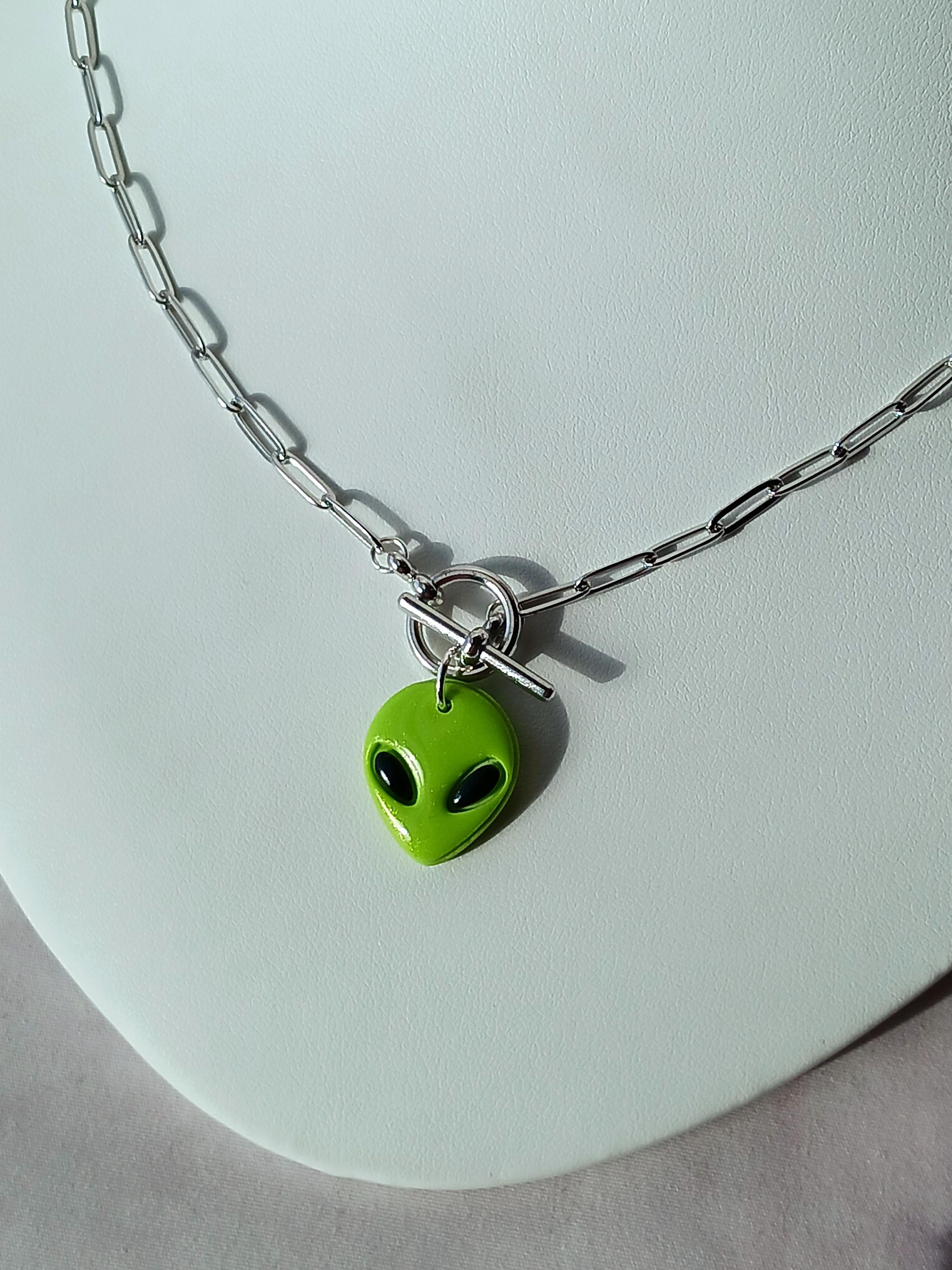 Metallic Green Alien Charm Necklace, Handmade, Polymer Clay ...