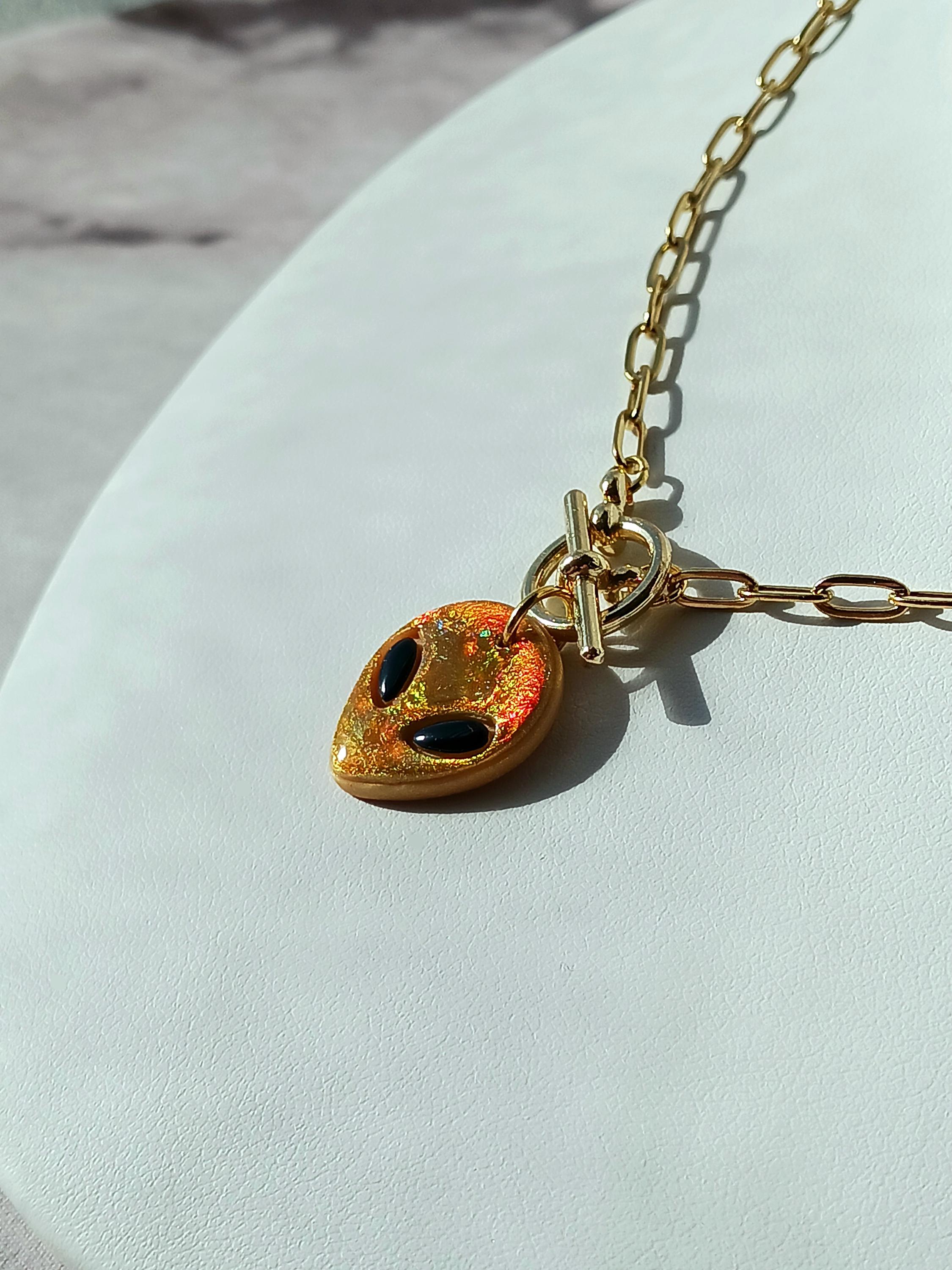 Gold Holographic Alien Charm Necklace, Lightweight, Handmade, Polymer ...