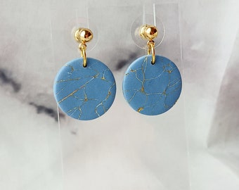 Stone Blue Drop Earrings, Polymer Clay, Lightweight, Handmade, Faux Stone, Stone Blue, Stone Earrings, Blue And Gold, Marbled Earrings