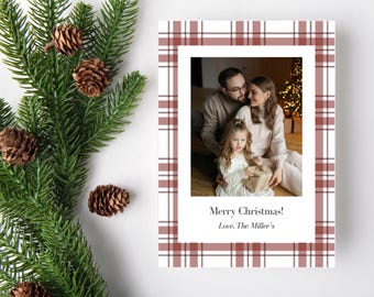 Modèle de carte de Noël photo à carreaux, conception sur toile modifiable (téléchargement numérique)