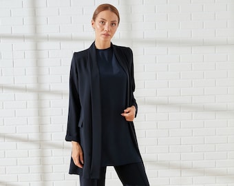 Abito da donna in 3 pezzi blu navy, set di abiti da donna, abito pantalone da donna in tre pezzi, abito da ufficio, abito casual, abito di apertura