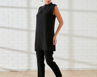 Black Tunic Shirt, Oversize Women's Tunic Top, Asymmetrical Tunic, office suits, daily suits, opening suits, invitation suits