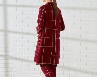 Burgundy Double-Breasted Striped Womens Suit | Womens Blazer | Womens Pant Suit