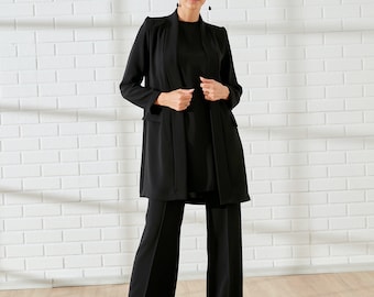 Traje negro de 3 piezas / Traje de pantalón para mujer / Conjunto de traje de poder para mujer