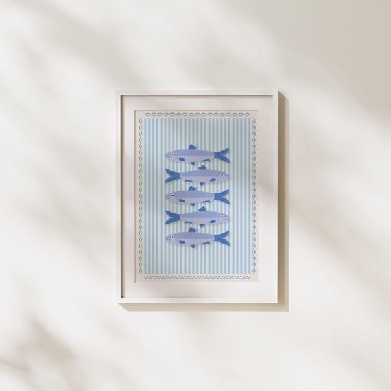 Sardines Wall Art | Mediterranean Coastal Kitchen Poster Blue Nautical Decor Print
