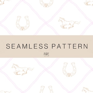 May include: A seamless pattern design with horseshoes, running horses, and a rope-like grid. The design uses beige and white, with a pink rope grid. The text "SEAMLESS PATTERN" is displayed. The design is from the Pare Craft Studio.