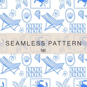 Könnte beinhalten: Nahtloses Muster mit blauen Strandstühlen, Muscheln, Krabben und floralen Elementen auf weißem Hintergrund. Der Text "SEAMLESS PATTERN" wird in der Mitte angezeigt. Das Design wiederholt sich.