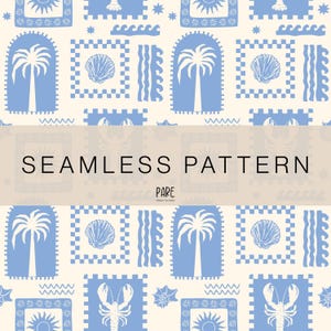 May include: A seamless pattern design featuring light blue illustrations of palm trees, seashells, and lobsters on a cream background. The design includes the text "SEAMLESS PATTERN" and the brand name "PARE CRAFT STUDIO".