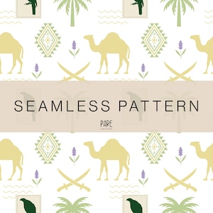 Könnte beinhalten: Nahtloses Muster mit sich wiederholenden Elementen von Kamelen, gekreuzten Schwertern, Palmen und geometrischen Designs in Gelb, Grün und Lila auf weißem Hintergrund. Der Text "SEAMLESS PATTERN" ist mittig platziert.