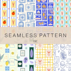 Coastal Summer Pattern Pack: Mediterranean Tiles, Citrus, Seafood (Digital Download)