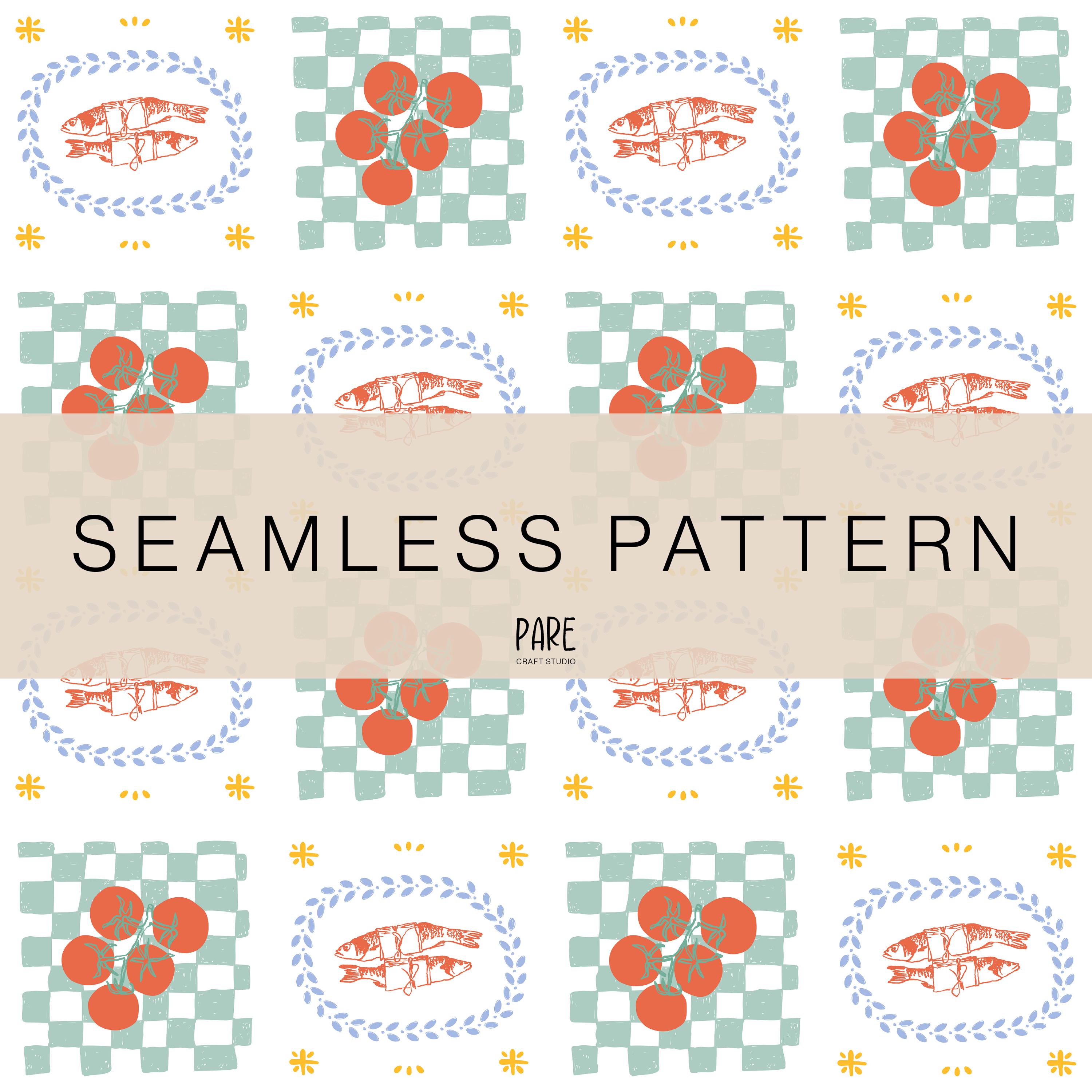 Summer Amalfi Tomato Fish Seamless Pattern, Mediterranean Coastal Digital Paper, Bright Vintage Printable Background, Italian Summer Decor