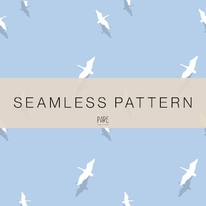 May include: A seamless pattern featuring white bird silhouettes against a light blue background. The design includes the text "SEAMLESS PATTERN" and the brand name "PARE". This pattern is suitable for various applications.