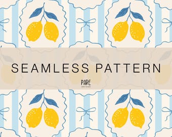 Lemon Seamless Pattern – Summer Citrus Printable, Blue Yellow Tile Design, Mediterranean Fruit Clipart for Fabric, Wallpaper & Crafts