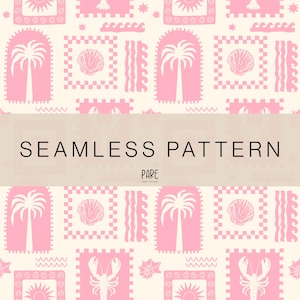 Pink Coastal Seamless Pattern | Tropical Lobster Palm Shell Digital Design | Cute Summer Mediterranean Aesthetic Background, Summer Europe