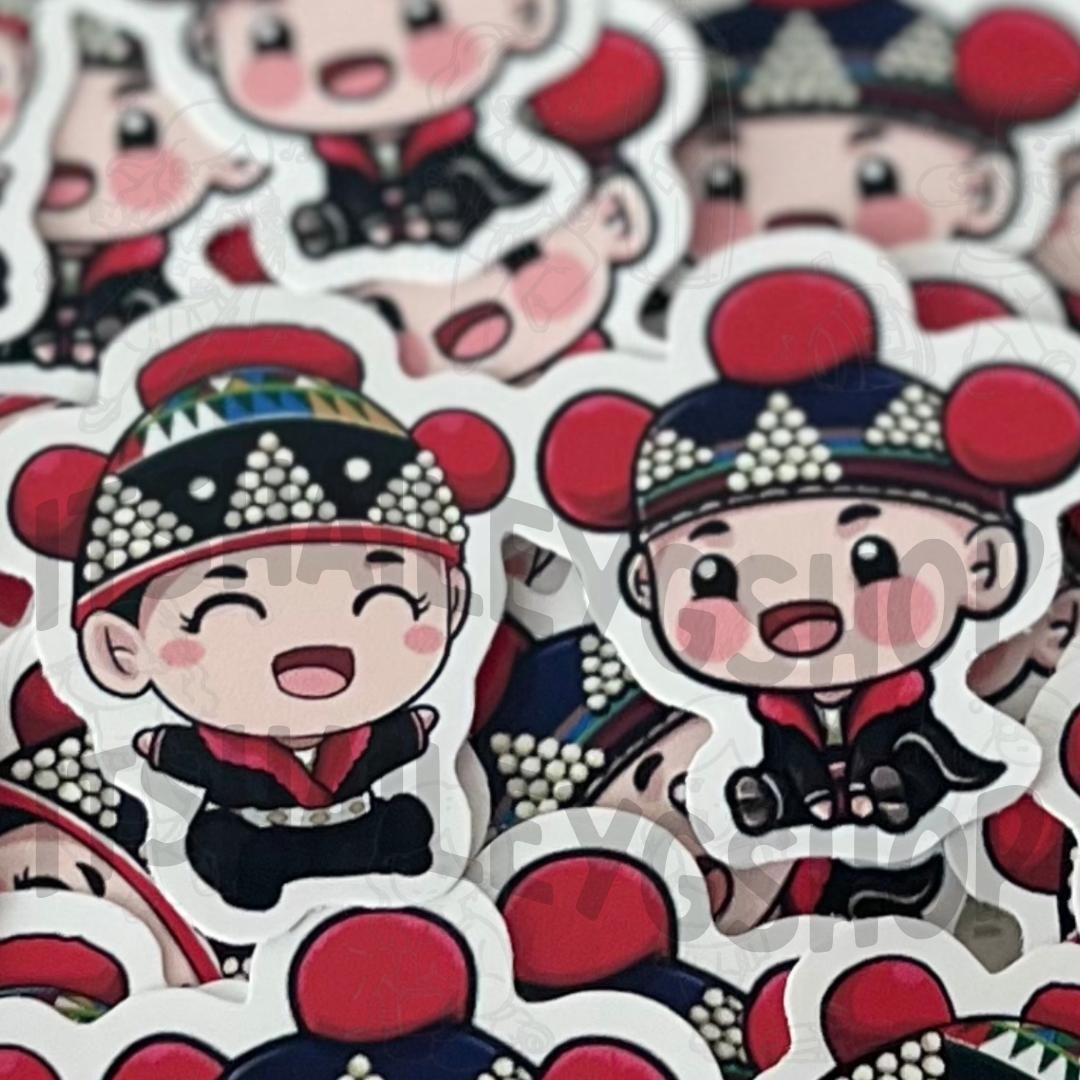 Iu Mien Chibi Boy and Girl, Babies Waterproof Stickers, Southeast Asian ...