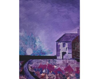 Lila Nachthaus-Leinwand | Auf Keilrahmen gespanntes, mattes Wandbild | 61 x 81 cm (Hochformat)