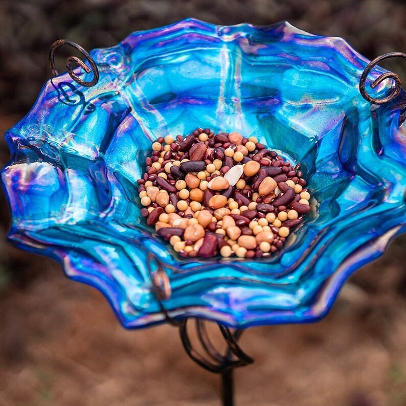 31 Inch Glass Bird Bath With Metal Stake Blue Etsy Australia
