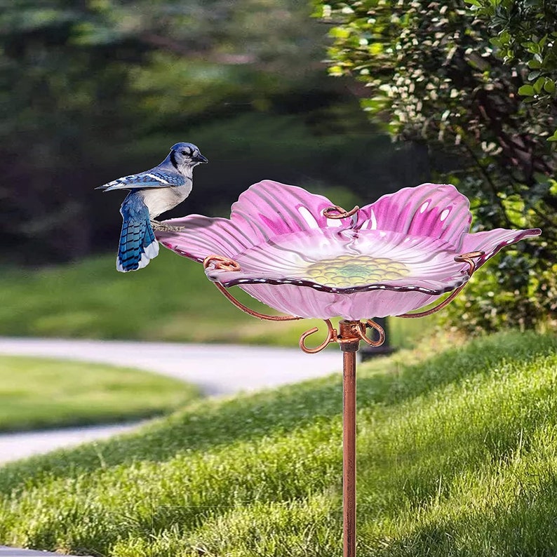 Outdoor Bird Bath , Glass Birdbath, Garden Art, With Metal Stake Etsy