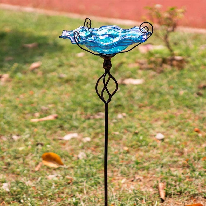 31 Inch Glass Bird Bath With Metal Stake Blue Etsy