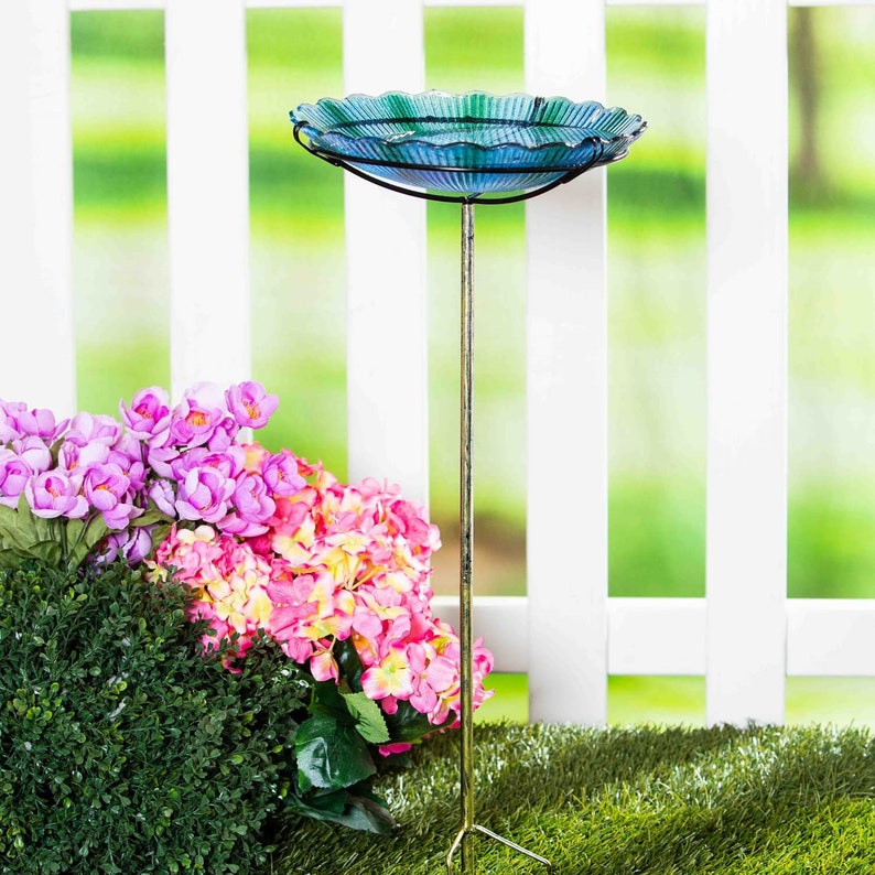 Glass Bird Bath With Metal Stake, Blue Etsy