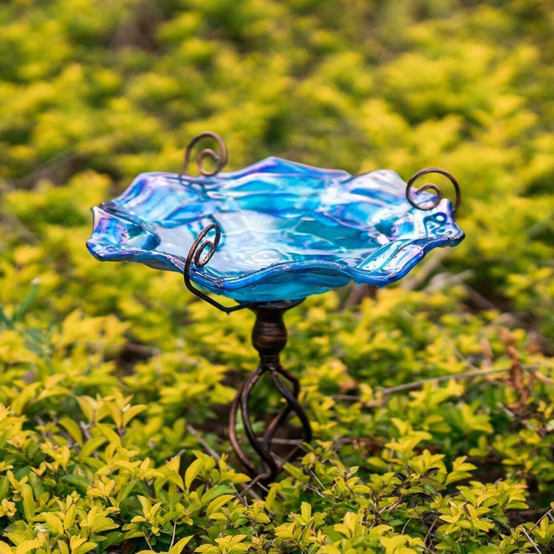 31 Inch Glass Bird Bath With Metal Stake, Blue Etsy