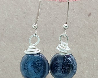 Silver plated, midnight blue, dangle, drop, handmade, boho, bohemian, festival, hippy, wire wrapped, ceramic bead, wire wrapped earrings