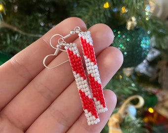 seed beaded candy-cane earrings