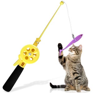 May include: A yellow and black cat toy fishing pole with a purple fish lure. A tabby cat is playing with the toy, batting at the fish lure with its paw.