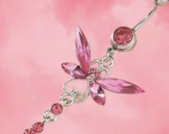 Silver Dragonfly Pink Crystal Belly Bar - Surgical Steel Belly Ring