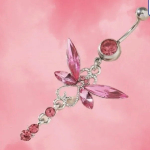 Silver Dragonfly Pink Crystal Belly Bar - Surgical Steel Belly Ring