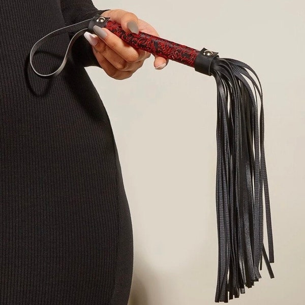 Black faux leather flogger whip - embroidered handle with leather tassels