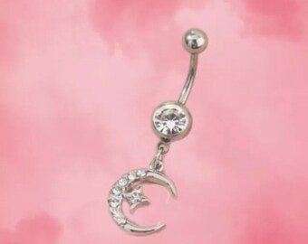 Crescent Moon and Star Belly Bar - Cubic Zirconia Belly Ring - Silver Navel Ring