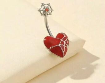 Spiders web belly ring with red heart