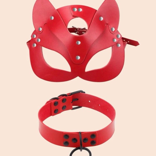 Masquerade Red Leather mask with silver studs - Cat Mask and Leather Choker