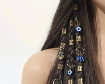 16 piece gold hair rings and evil eye charms & hand of hamsa charms - holiday or festival jewellery