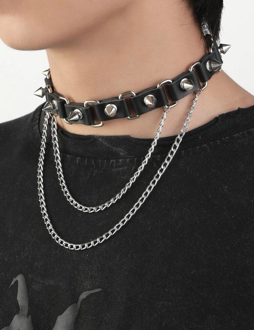 Black Leather Choker With Chains and Silver Studs - Etsy