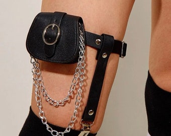 Black leather bag and garter with silver chains - 1 piece suspender with bag