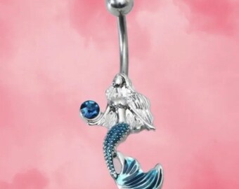 Silver And blue mermaid Belly Bar - Surgical Steel Belly Ring
