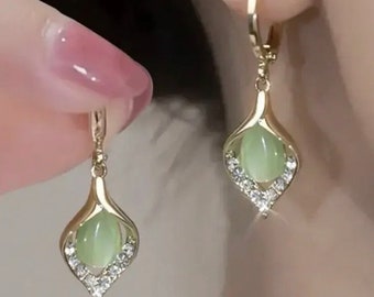 Gold Hoop earrings - Aventurine & Cubic Zirconia healing crystal earrings