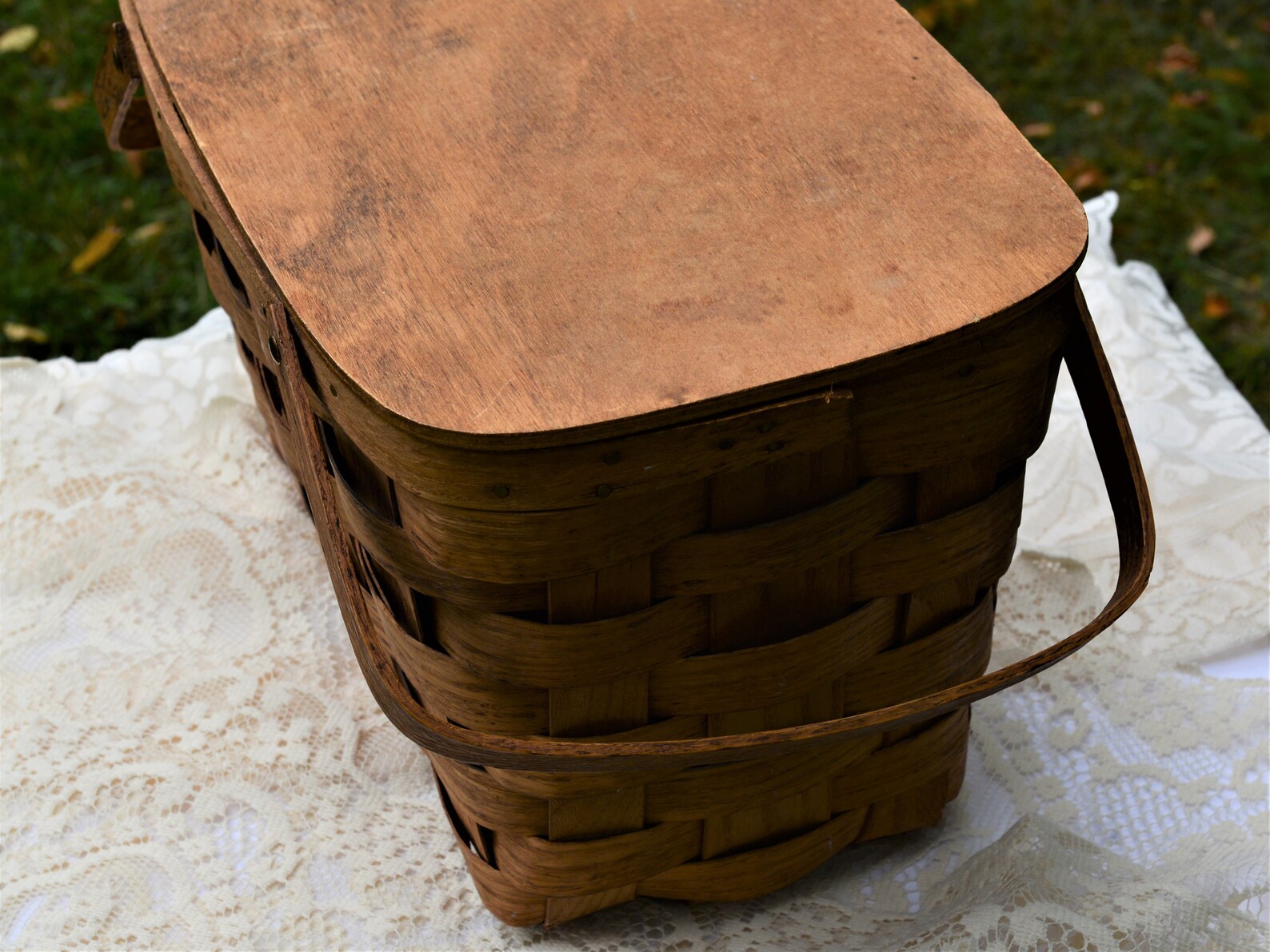 Picnic Basket Vintage Splint Wood Woven Basket With Wood Top Etsy