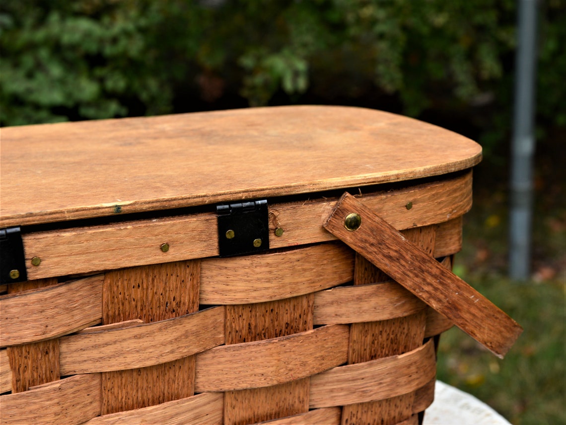 Picnic Basket Vintage Splint Wood Woven Basket With Wood Top Etsy