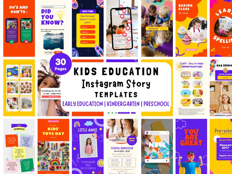 May include: A collage of 30 colourful Instagram story templates for kids education. The templates feature various themes, including learning, crafts, baking, and spelling. The text "KIDS EDUCATION Instagram Story TEMPLATES" is displayed in bold, black letters on a purple background. The text "EARLY EDUCATION | KINDERGARTEN | PRESCHOOL" is displayed in white letters on a purple background.