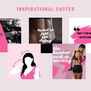May include: A collage of six inspirational quotes about fitness and motivation. The quotes are displayed on a pink background with black text. The quotes include: "Never settle and never give up." "Sweat is just fat dying." "The hardest part is starting." "You are worth it. Keep going." "Don't stop until you're proud."