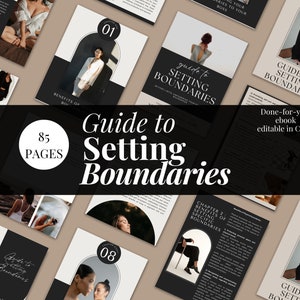 Op de afbeelding: Een e-book gids met 85 pagina's over het stellen van grenzen. De omslag toont een zwart-witte illustratie van een vrouw in een zwart blazer en een wit overhemd. De titel "Guide to Setting Boundaries" staat in grote, vetgedrukte witte letters. Het e-book is kant-en-klaar en bewerkbaar in Canva.