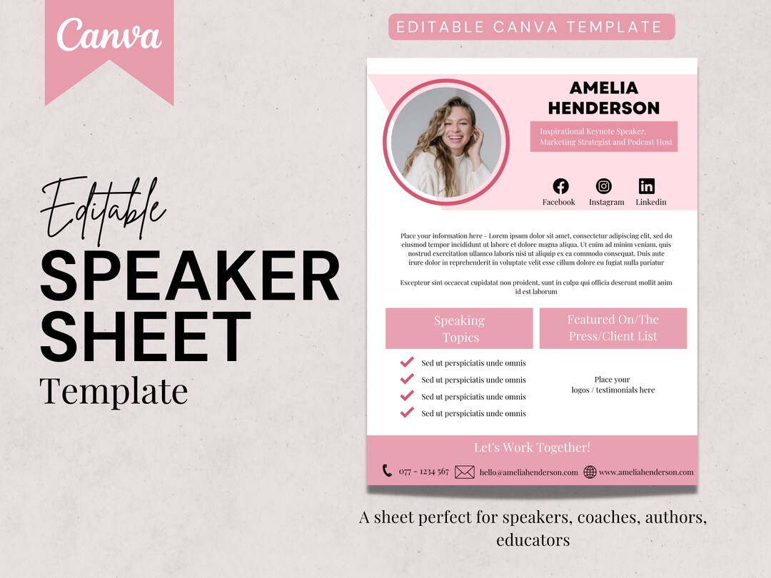Speaker Sheet Canva Template Speaker One Sheet Etsy