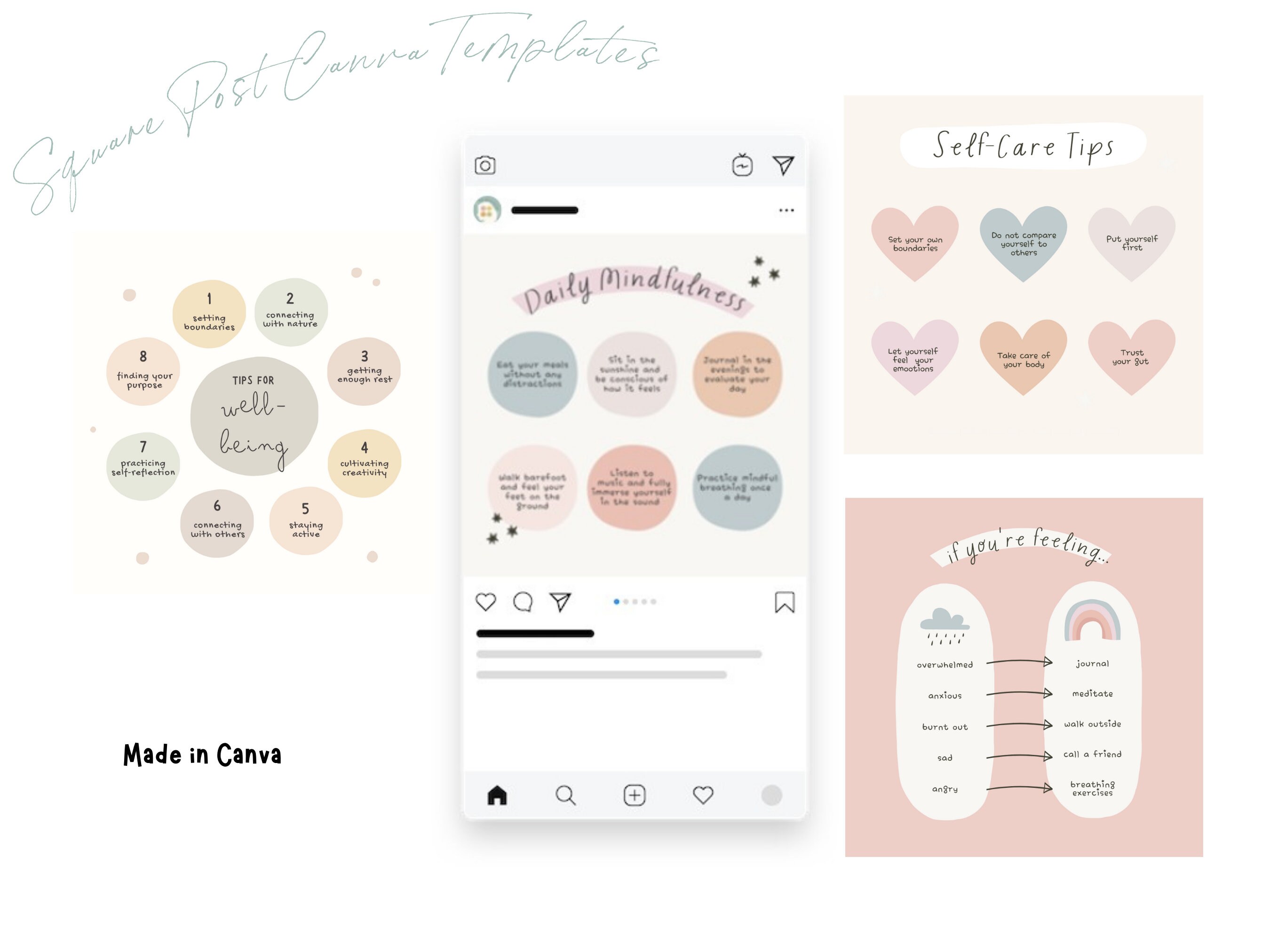 50 Mental Health Instagram Post Templates | Self-love Self-care Pastel ...