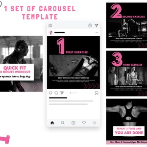May include: A black and white Instagram carousel template for a 10-minute workout. The template features three slides with images of people exercising. The first slide has the text "Quick Fit 10 Minute Workout to squeeze into a busy day". The second slide has the text "First Exercise" and the third slide has the text "Second Exercise". The template also includes the text "Repeat 3 times and you are done".