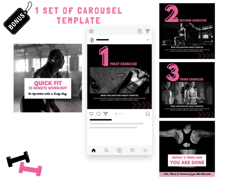 May include: A black and white Instagram carousel template for a 10-minute workout. The template features three slides with images of people exercising. The first slide has the text "Quick Fit 10 Minute Workout to squeeze into a busy day". The second slide has the text "First Exercise" and the third slide has the text "Second Exercise". The template also includes the text "Repeat 3 times and you are done".
