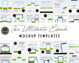 May include: A collection of 50 ebook mockup templates featuring different designs with a blue sky, green grass, and white clouds. The templates are perfect for showcasing your ebook cover and promoting your book.