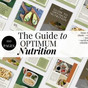 Puede incluir: Una portada de producto digital con un fondo verde y un título blanco que dice "The Guide to OPTIMUM Nutrition". La portada presenta una variedad de imágenes de alimentos saludables, que incluyen aguacate, salmón y pasta. El texto "110 PAGES" se muestra en un círculo en el lado izquierdo de la portada.